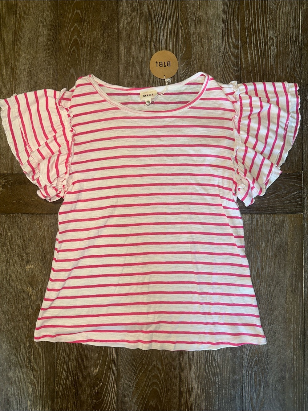 BiBi Pink White Stripe Flutter Sleeve Top NWT Size Large